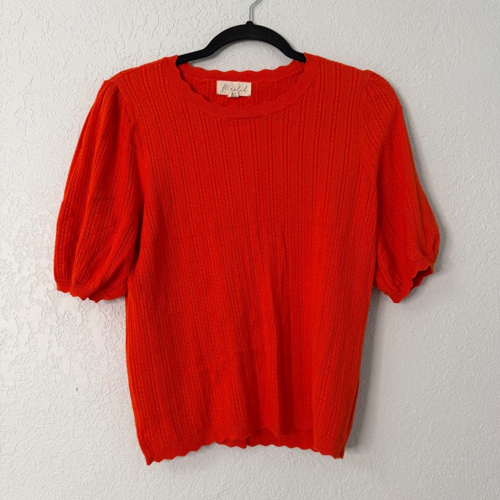 Marled Orange Cable Knit Short Puff Sleeve Scalloped Sweater Large Womens